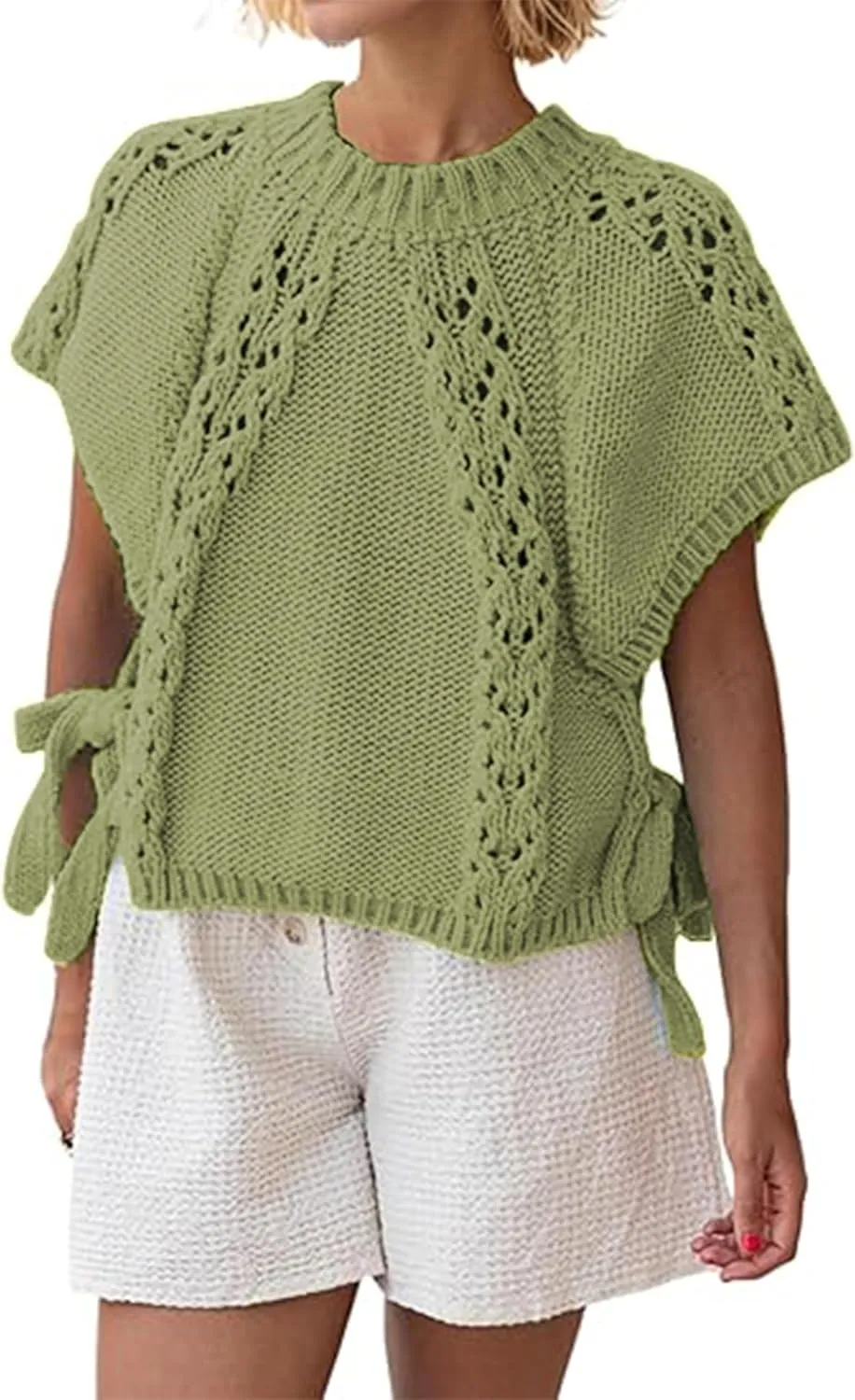 Knitted Tops Short Sleeve Sweater for Women Lace Up Crew Neck Crochet Tops Hollow Out Pullover Shirts
