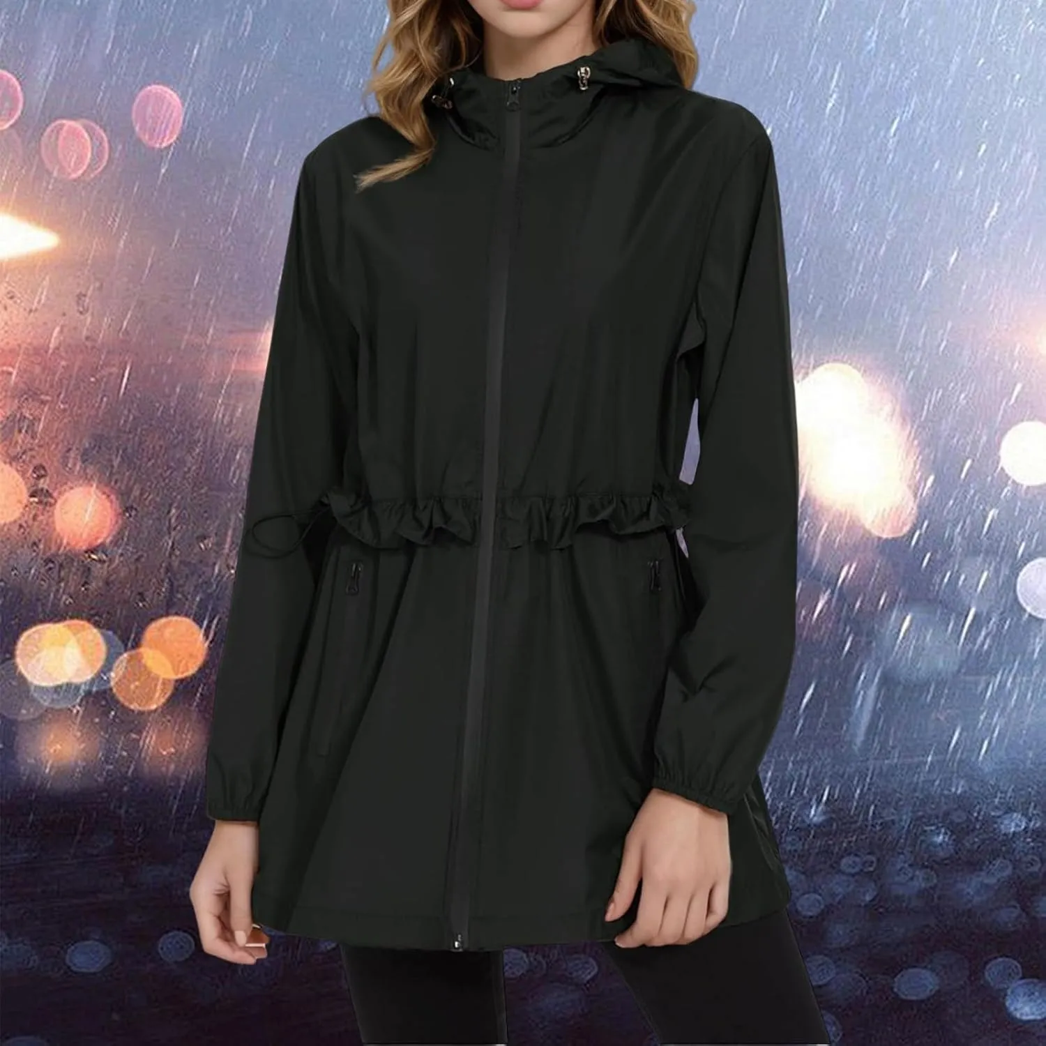 Kubbon Rain Jacket Women Waterproof Hooded Rain Coat Lightweight Zip Up Active Outdoor Raincoat Long Sleeve Windbreaker