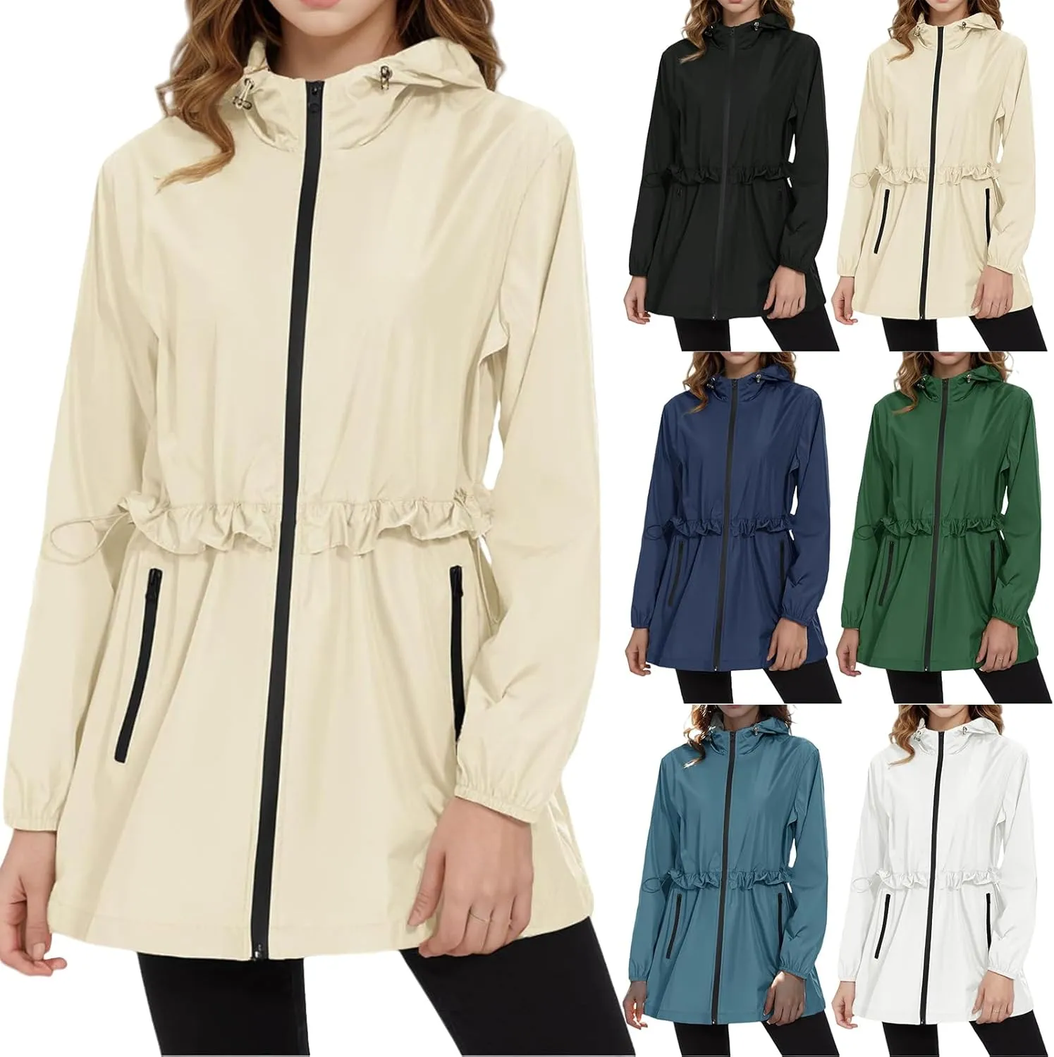 Kubbon Rain Jacket Women Waterproof Hooded Rain Coat Lightweight Zip Up Active Outdoor Raincoat Long Sleeve Windbreaker