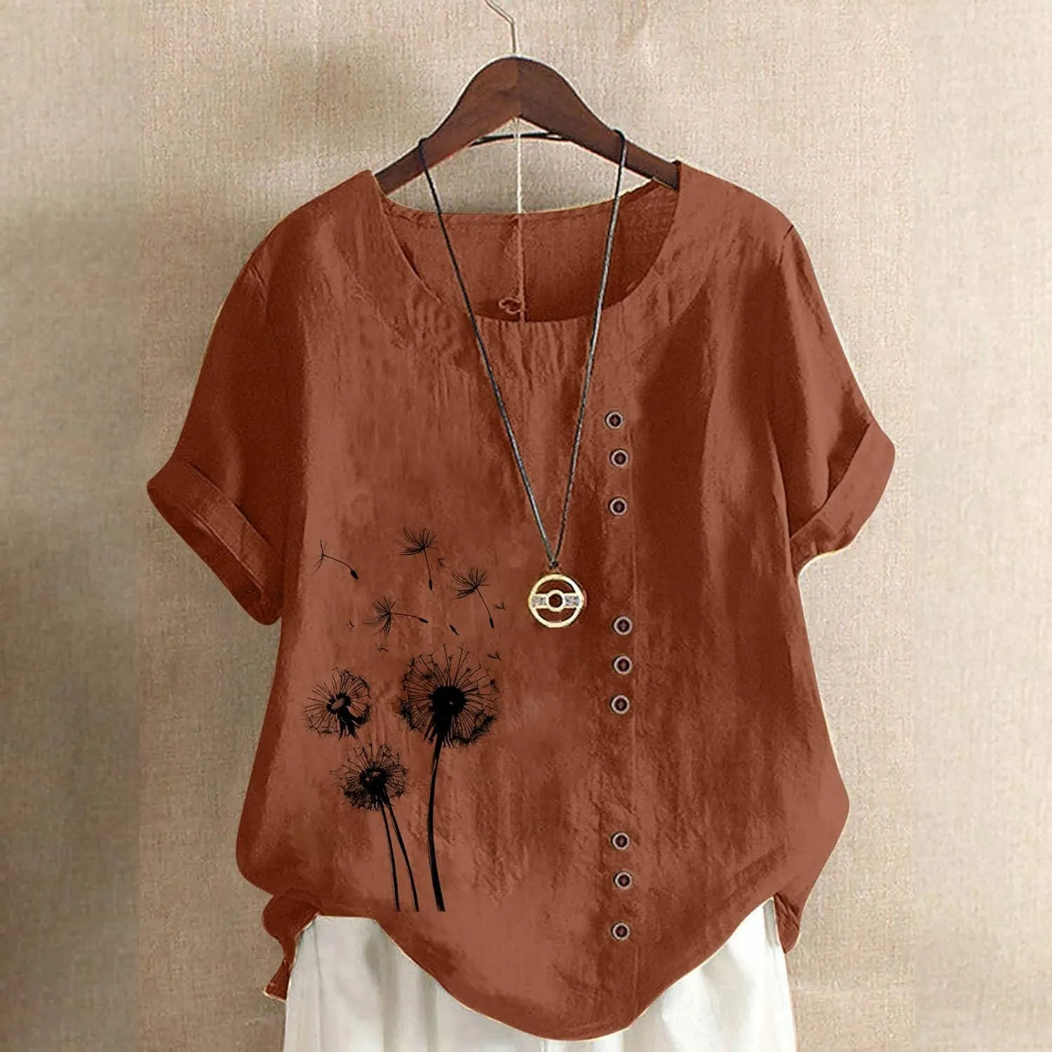 Ladies Blouses Summer Linen Shirts Plus Size Tops for Women Cute Dandelion Graphic Tees Casual Round Neck Pullover