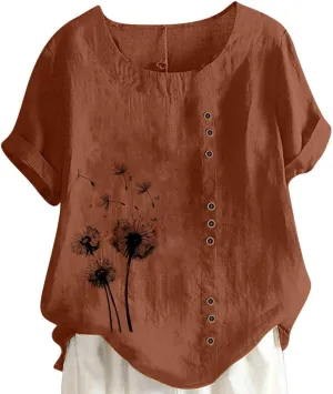 Ladies Blouses Summer Linen Shirts Plus Size Tops for Women Cute Dandelion Graphic Tees Casual Round Neck Pullover