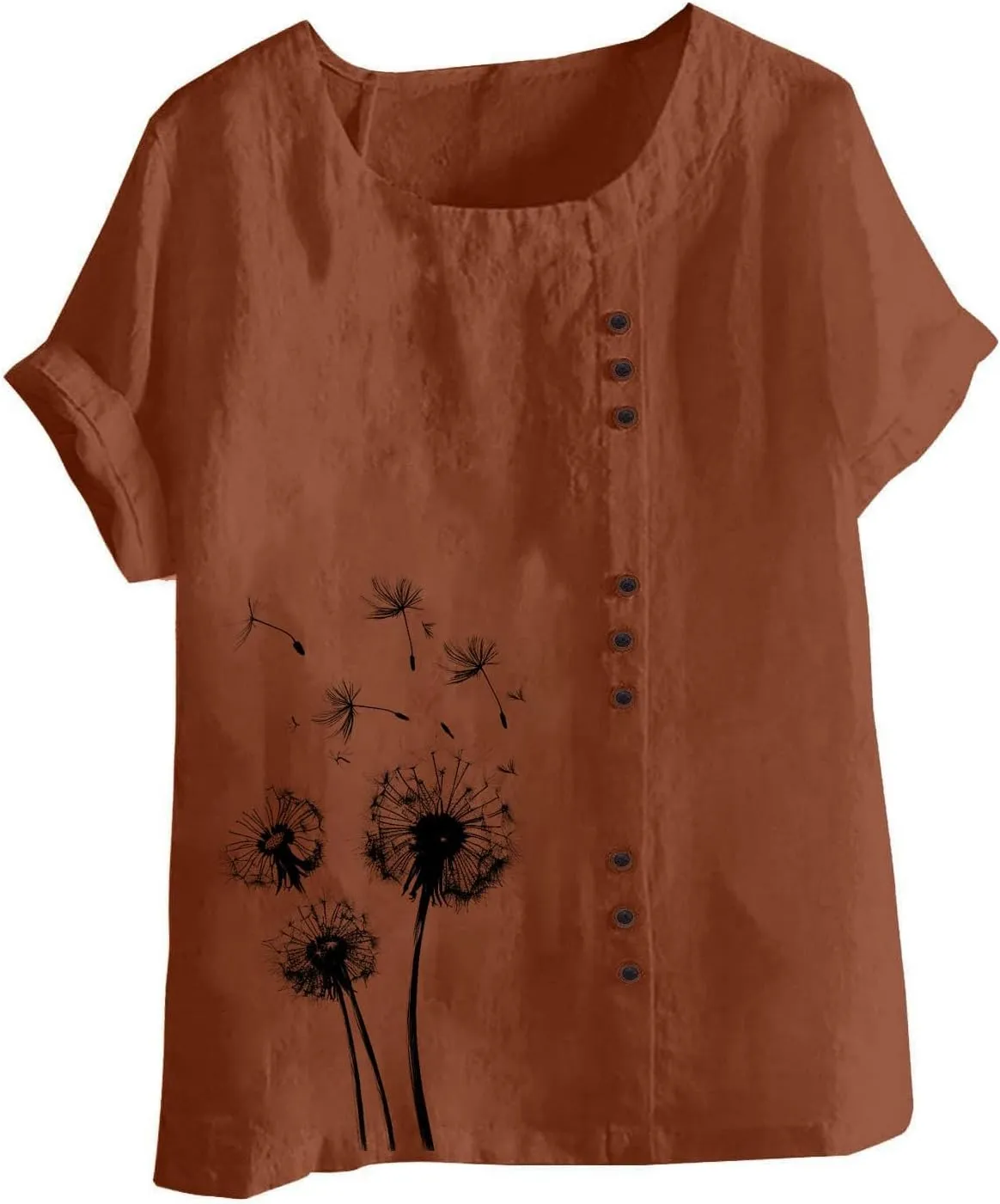 Ladies Blouses Summer Linen Shirts Plus Size Tops for Women Cute Dandelion Graphic Tees Casual Round Neck Pullover