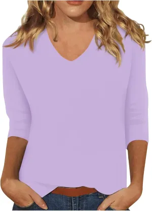 Ladies Tops and Blouses 3/4 Sleeve Basic Plain Tees for Women Wmens Casual Tops White Blouse Women's T-Shirts S-2XL
