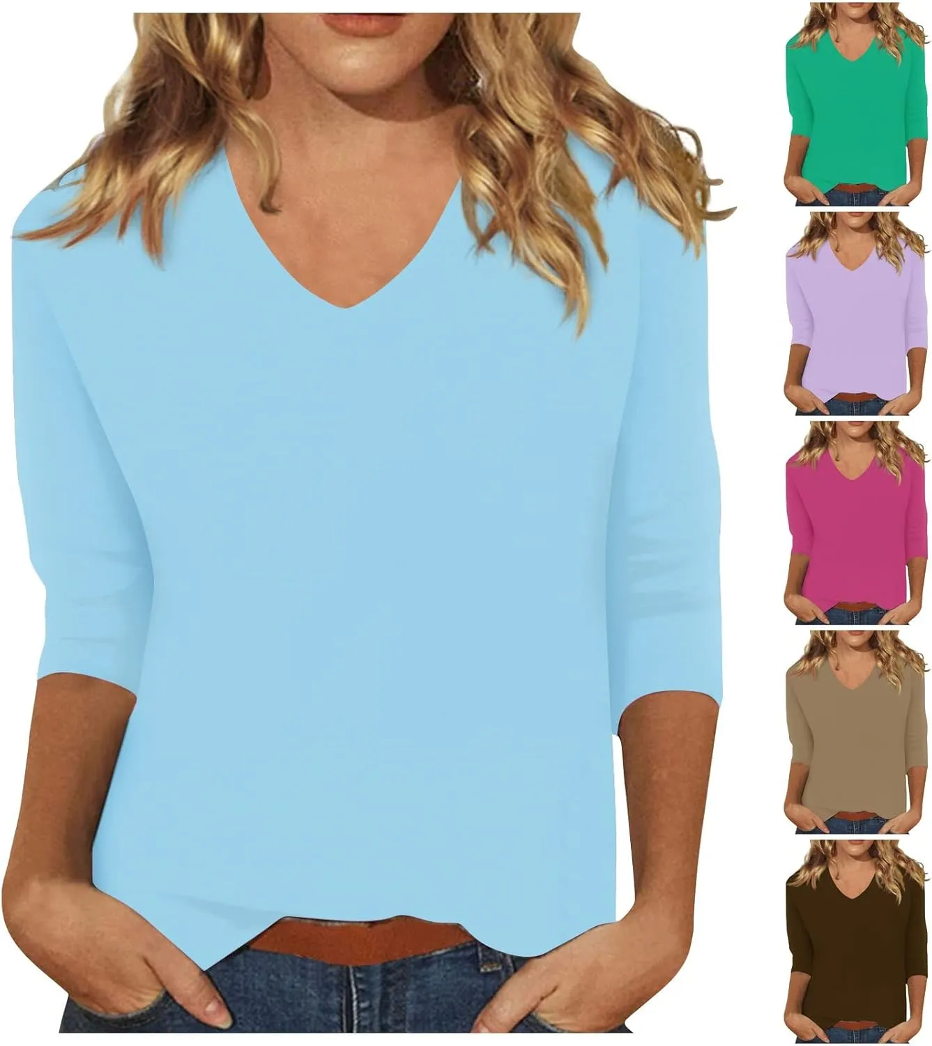 Ladies Tops and Blouses 3/4 Sleeve Basic Plain Tees for Women Wmens Casual Tops White Blouse Women's T-Shirts S-2XL