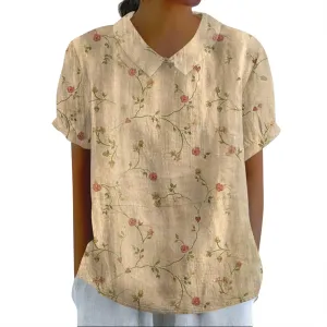 Linen Blouses for Women Dressy Casual Lapel Collar Shirts Retro Cute Floral Print Tee Loose Short Sleeve Boho Blouses