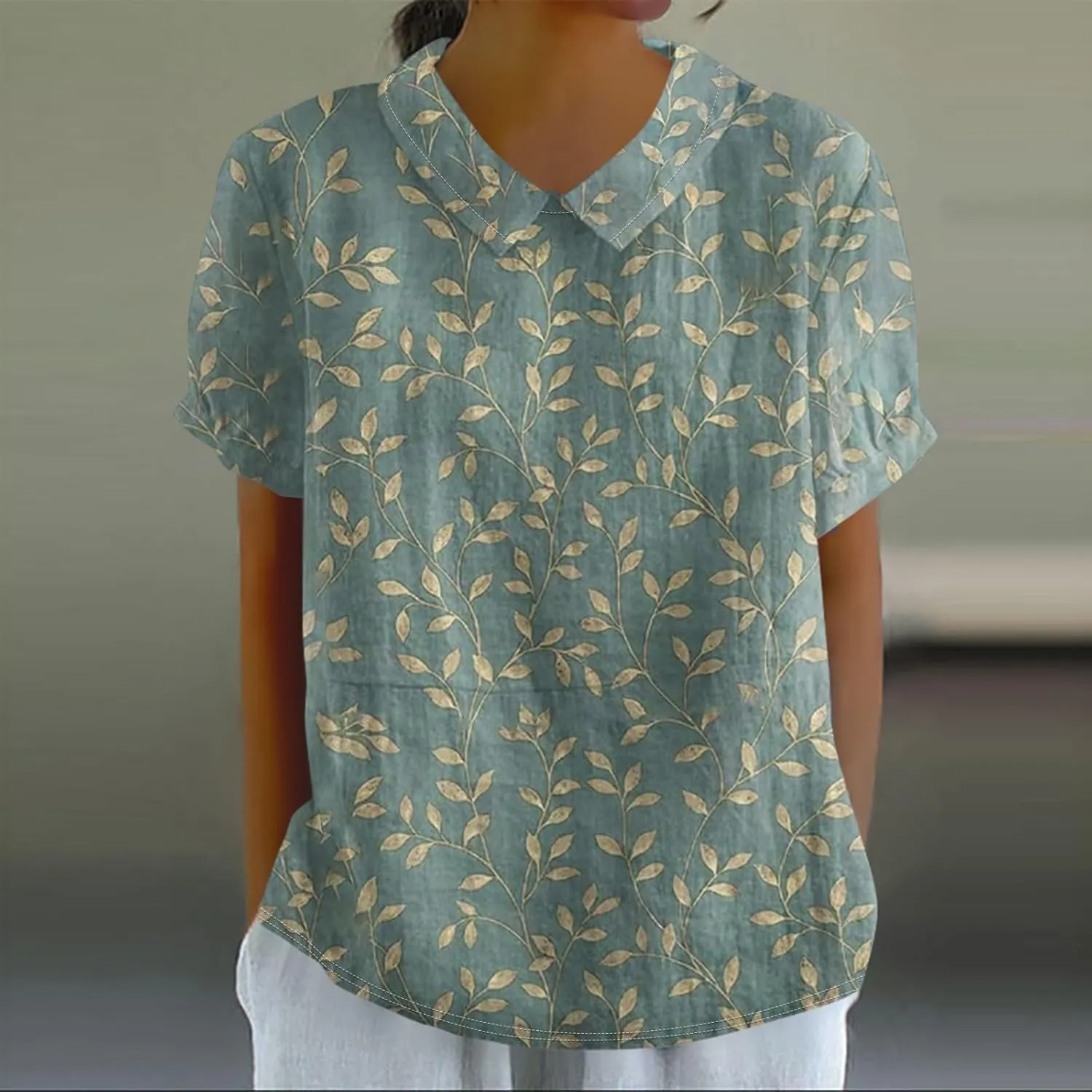 Linen Blouses for Women Dressy Casual Lapel Collar Shirts Retro Cute Floral Print Tee Loose Short Sleeve Boho Blouses