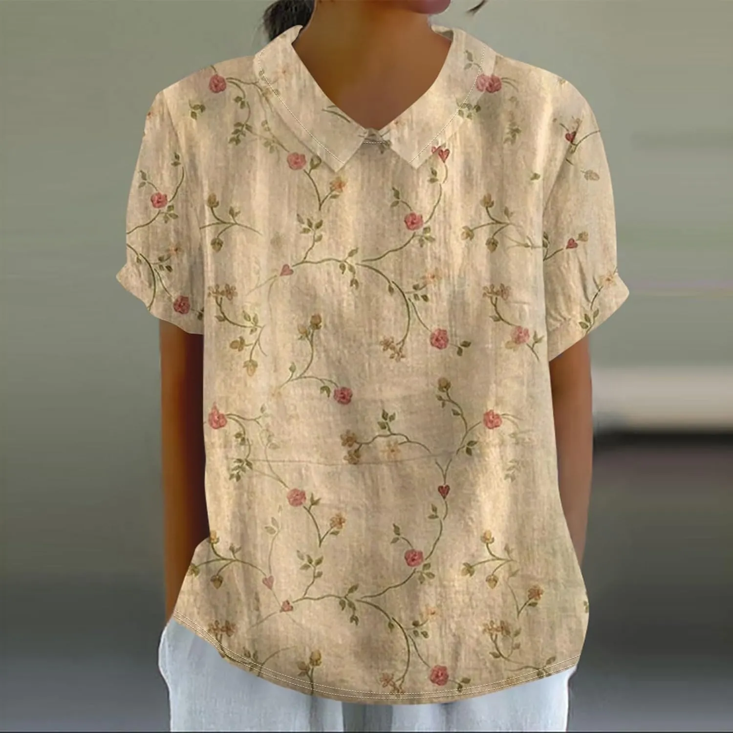 Linen Blouses for Women Dressy Casual Lapel Collar Shirts Retro Cute Floral Print Tee Loose Short Sleeve Boho Blouses