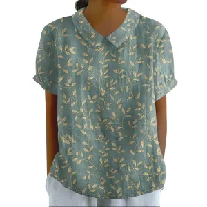 Linen Blouses for Women Dressy Casual Lapel Collar Shirts Retro Cute Floral Print Tee Loose Short Sleeve Boho Blouses