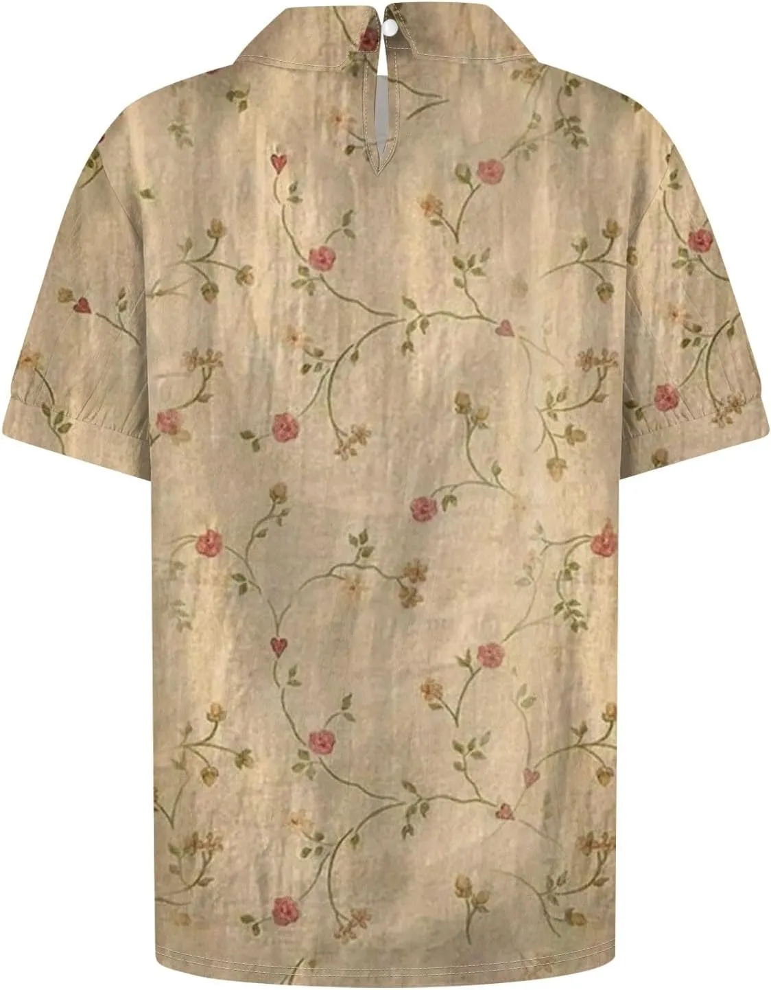 Linen Blouses for Women Dressy Casual Lapel Collar Shirts Retro Cute Floral Print Tee Loose Short Sleeve Boho Blouses