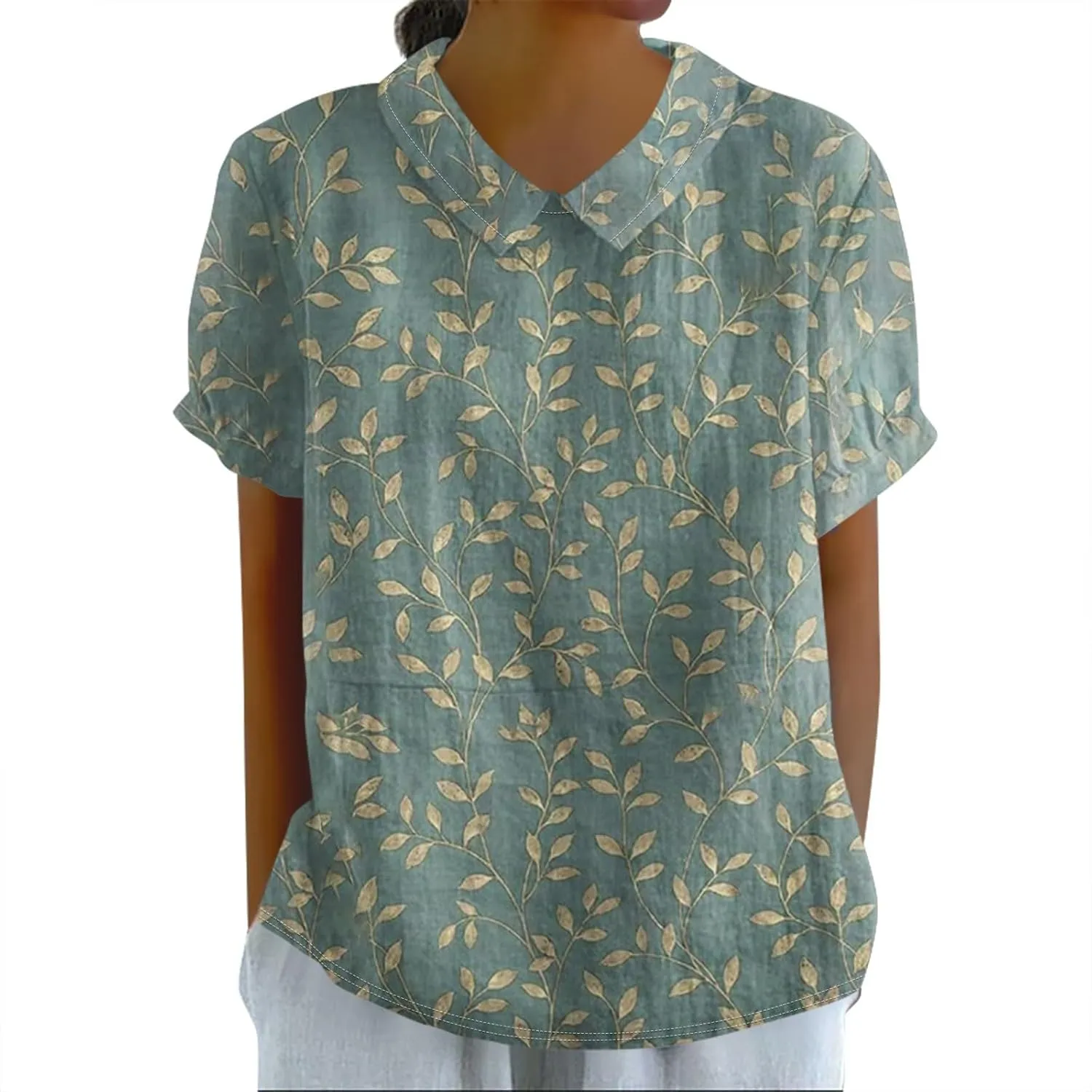Linen Blouses for Women Dressy Casual Lapel Collar Shirts Retro Cute Floral Print Tee Loose Short Sleeve Boho Blouses