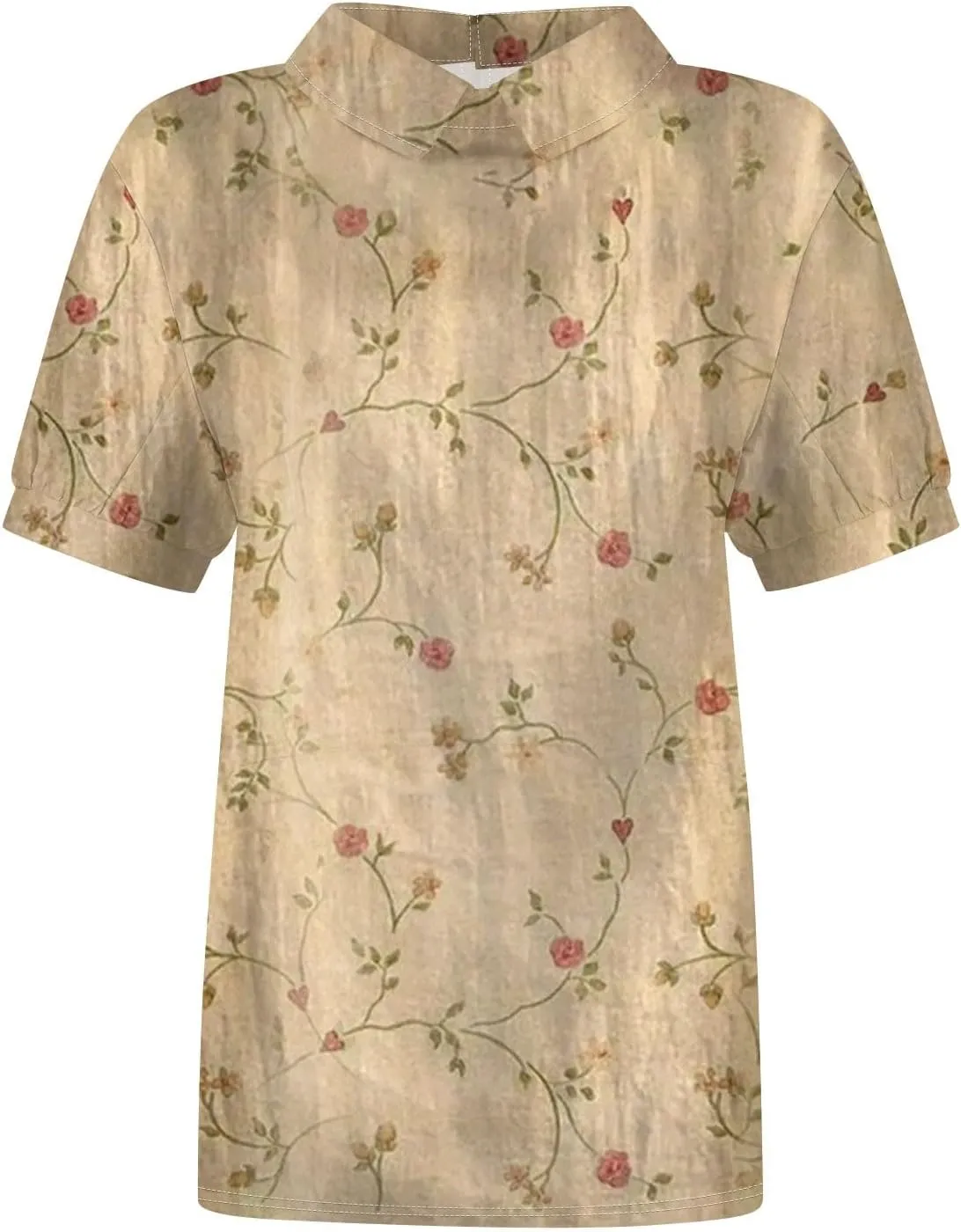 Linen Blouses for Women Dressy Casual Lapel Collar Shirts Retro Cute Floral Print Tee Loose Short Sleeve Boho Blouses