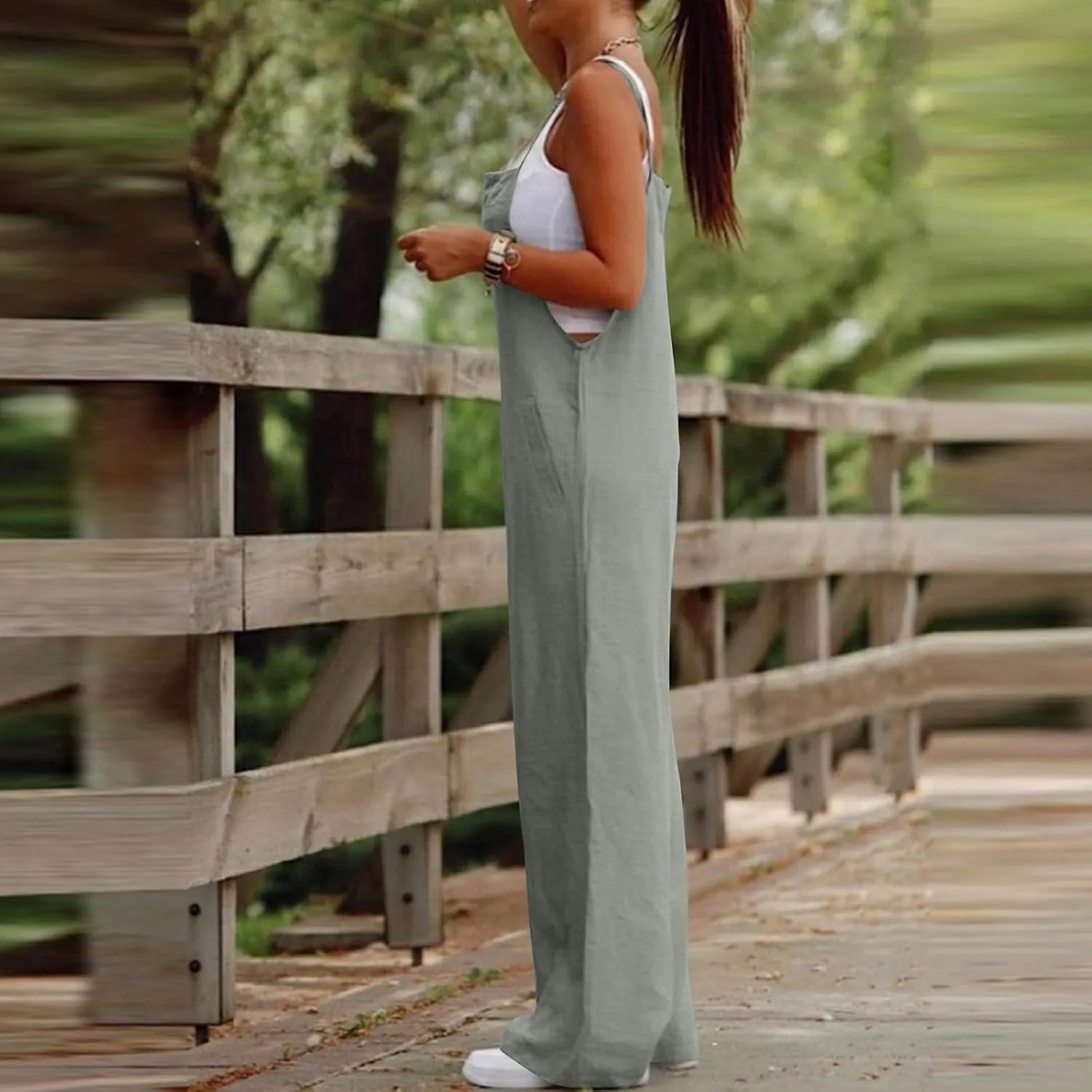 Linen Jumpsuits for Women Adjustable Strap Maternity Jumpsuit Baggy Lightweight Wide Leg One Piece Jumpsuits Pockets