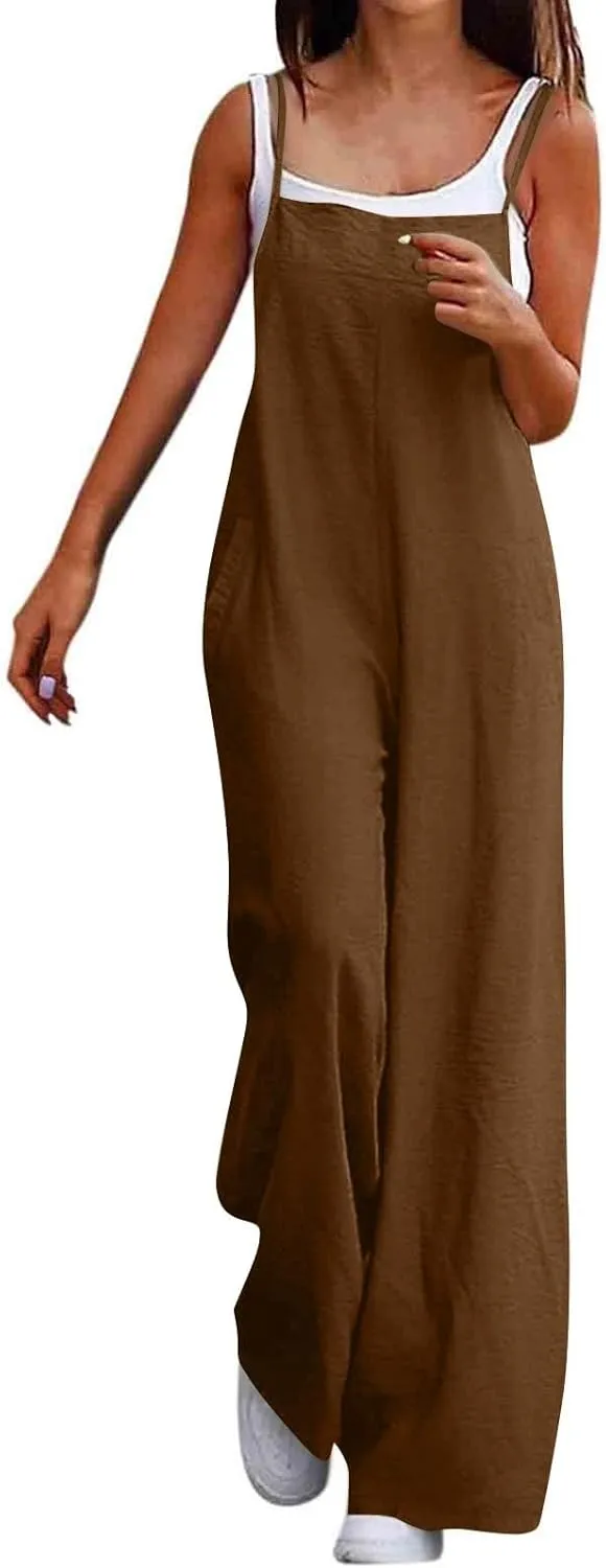 Linen Jumpsuits for Women Adjustable Strap Maternity Jumpsuit Baggy Lightweight Wide Leg One Piece Jumpsuits Pockets