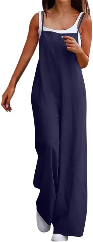 Linen Jumpsuits for Women Adjustable Strap Maternity Jumpsuit Baggy Lightweight Wide Leg One Piece Jumpsuits Pockets