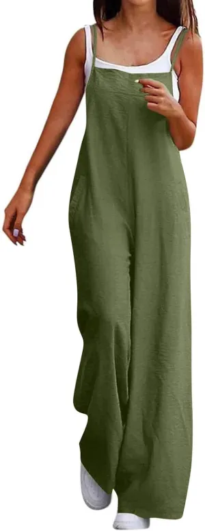 Linen Jumpsuits for Women Adjustable Strap Maternity Jumpsuit Baggy Lightweight Wide Leg One Piece Jumpsuits Pockets