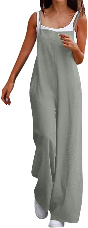 Linen Jumpsuits for Women Adjustable Strap Maternity Jumpsuit Baggy Lightweight Wide Leg One Piece Jumpsuits Pockets