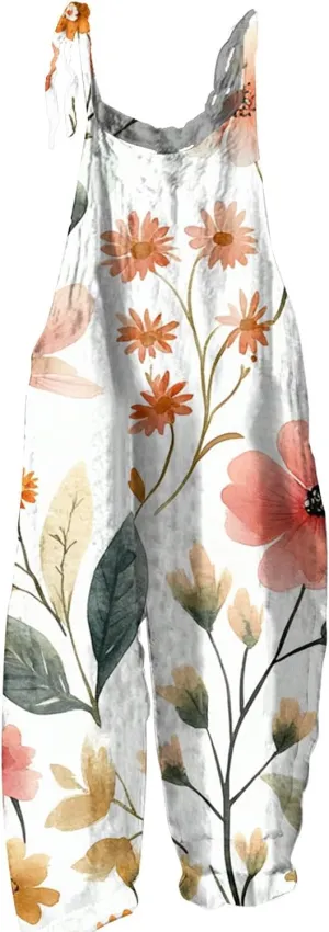 Linen Jumpsuits For Women Shorts Bohemian Spaghetti Strap Floral Sleeveless Rompers Casual Summer Beach Loose Overalls