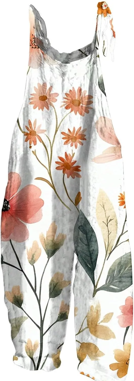 Linen Jumpsuits For Women Shorts Bohemian Spaghetti Strap Floral Sleeveless Rompers Casual Summer Beach Loose Overalls
