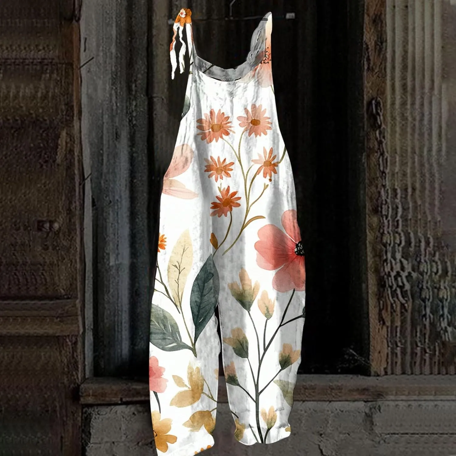 Linen Jumpsuits For Women Shorts Bohemian Spaghetti Strap Floral Sleeveless Rompers Casual Summer Beach Loose Overalls