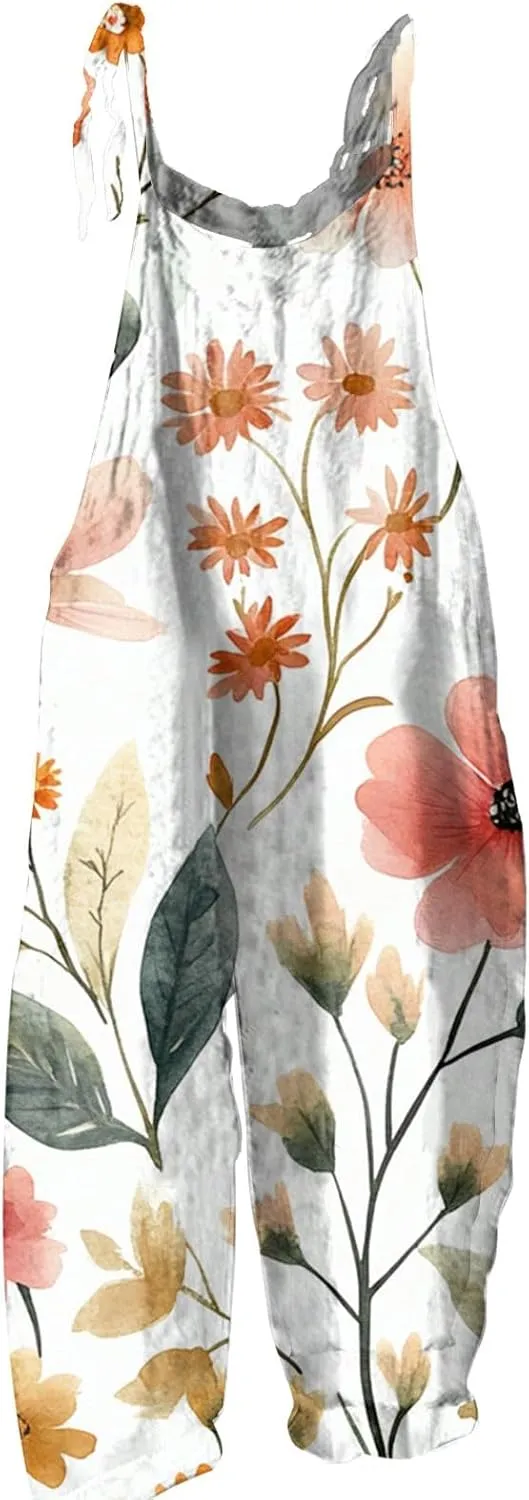 Linen Jumpsuits For Women Shorts Bohemian Spaghetti Strap Floral Sleeveless Rompers Casual Summer Beach Loose Overalls