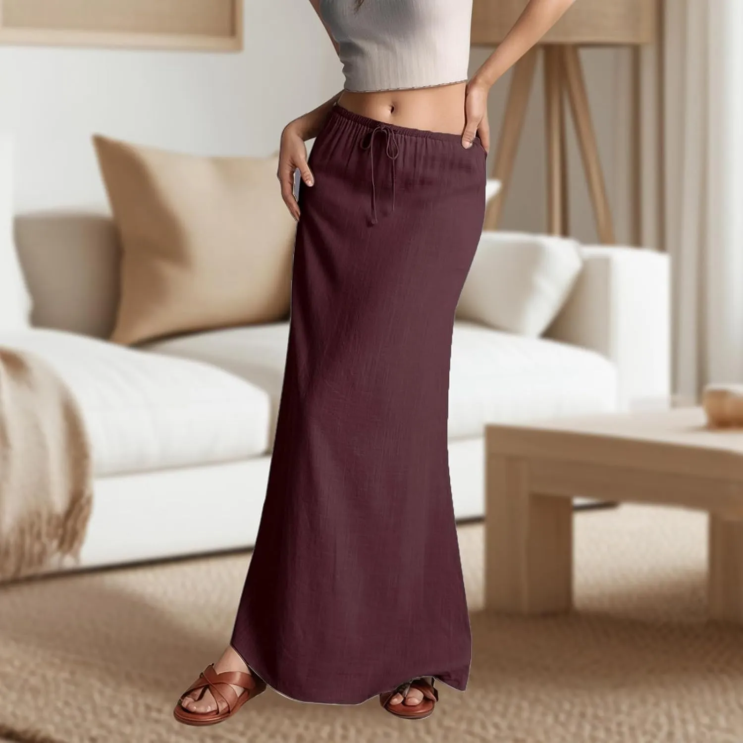 Linen Long Skirts for Women Summer Casual Flowy Skirts A Line Drawstring Waist Maxi Skirt Beach Vacation Skirt
