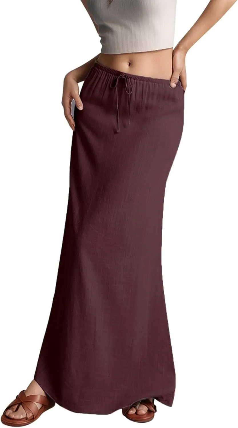 Linen Long Skirts for Women Summer Casual Flowy Skirts A Line Drawstring Waist Maxi Skirt Beach Vacation Skirt