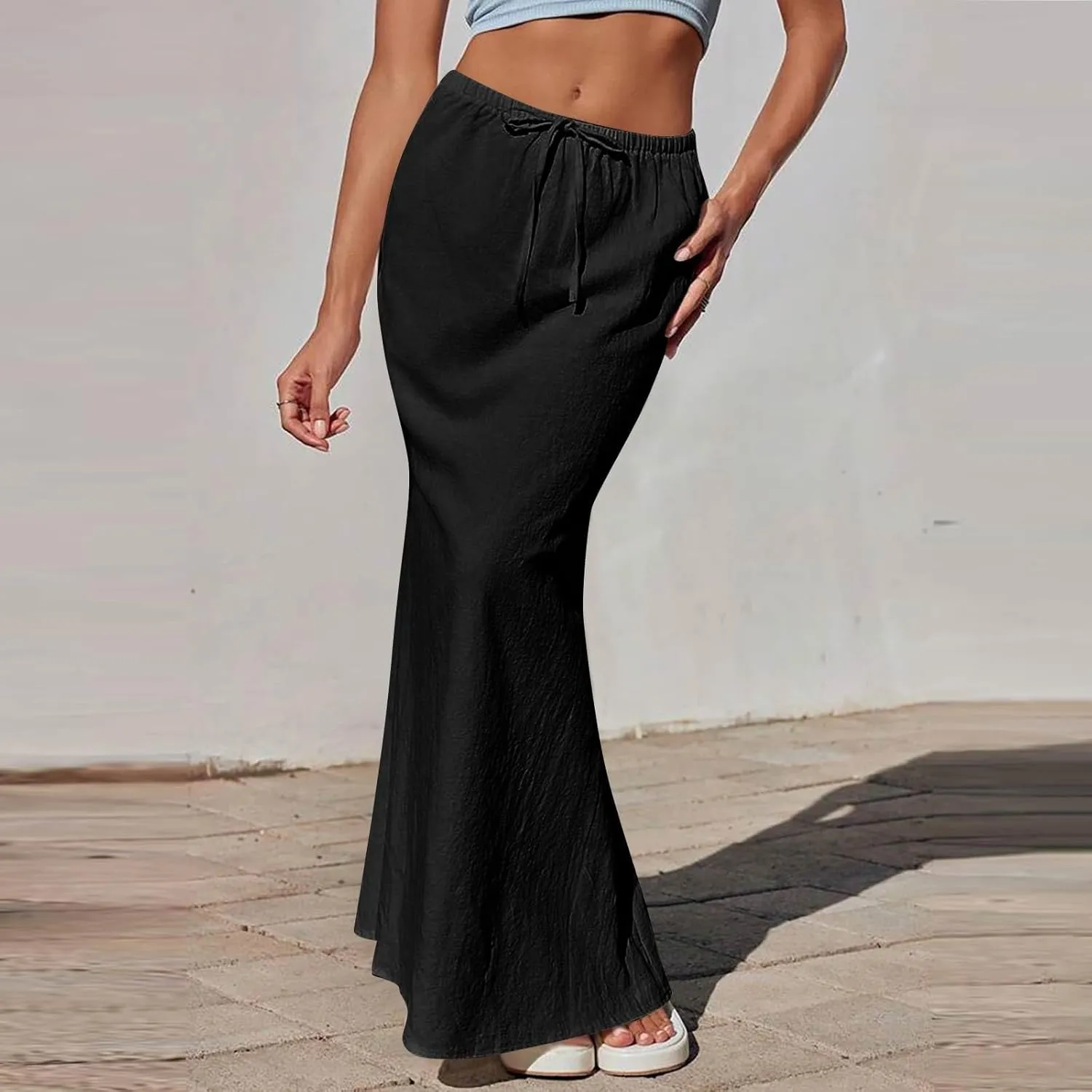 Linen Maxi Skirts for Women 2025 Drawstring Elastic Waist Back Slit Pencil Skirt Summer Long Flowy Skirt with Pockets