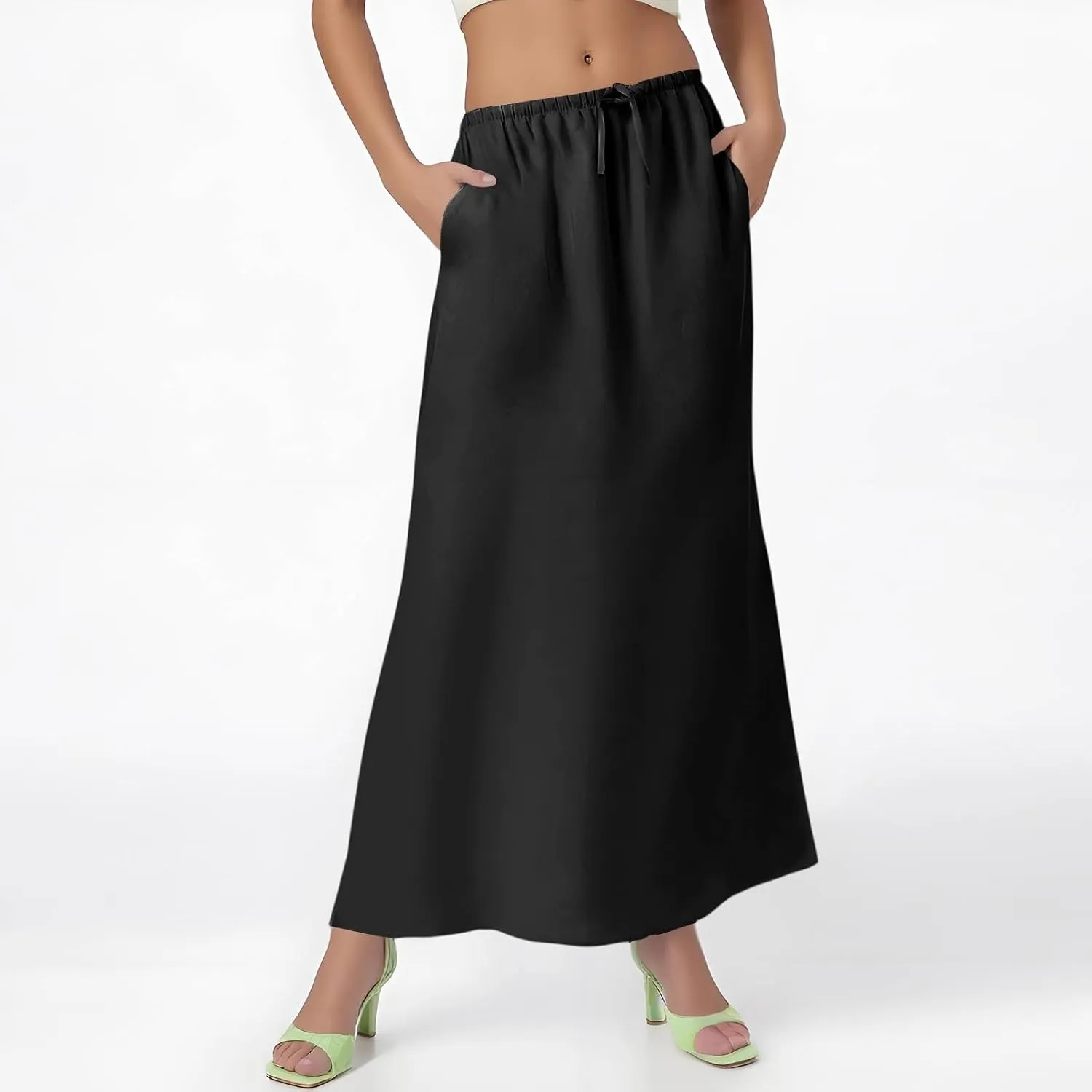 Linen Maxi Skirts for Women 2025 Drawstring Elastic Waist Back Slit Pencil Skirt Summer Long Flowy Skirt with Pockets