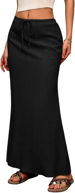 Linen Maxi Skirts for Women 2025 Drawstring Elastic Waist Back Slit Pencil Skirt Summer Long Flowy Skirt with Pockets