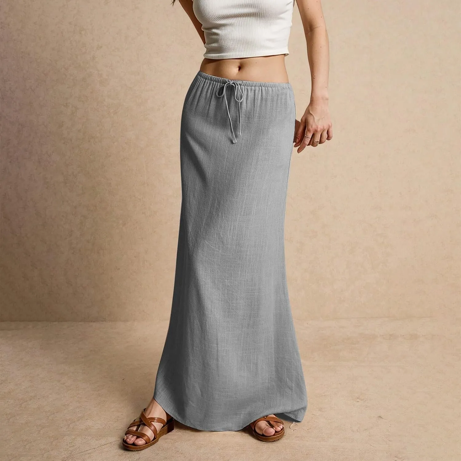 Linen Maxi Skirts for Women Trendy Summer Comfy Drawstring Waist A Line Skirts Cute Vacation Boho Long Flowy Skirts