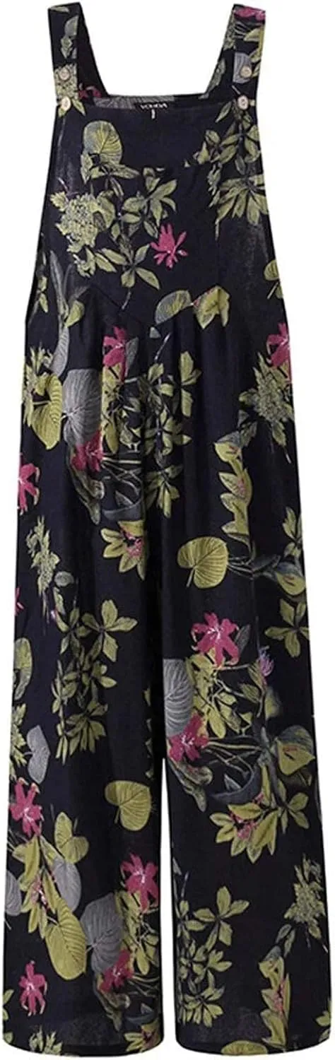 Linen Overalls for Women Boho Print Loose Fit Wide Leg Jumpsuit Summer Plus Size Floral Pants Rompers with Pockets