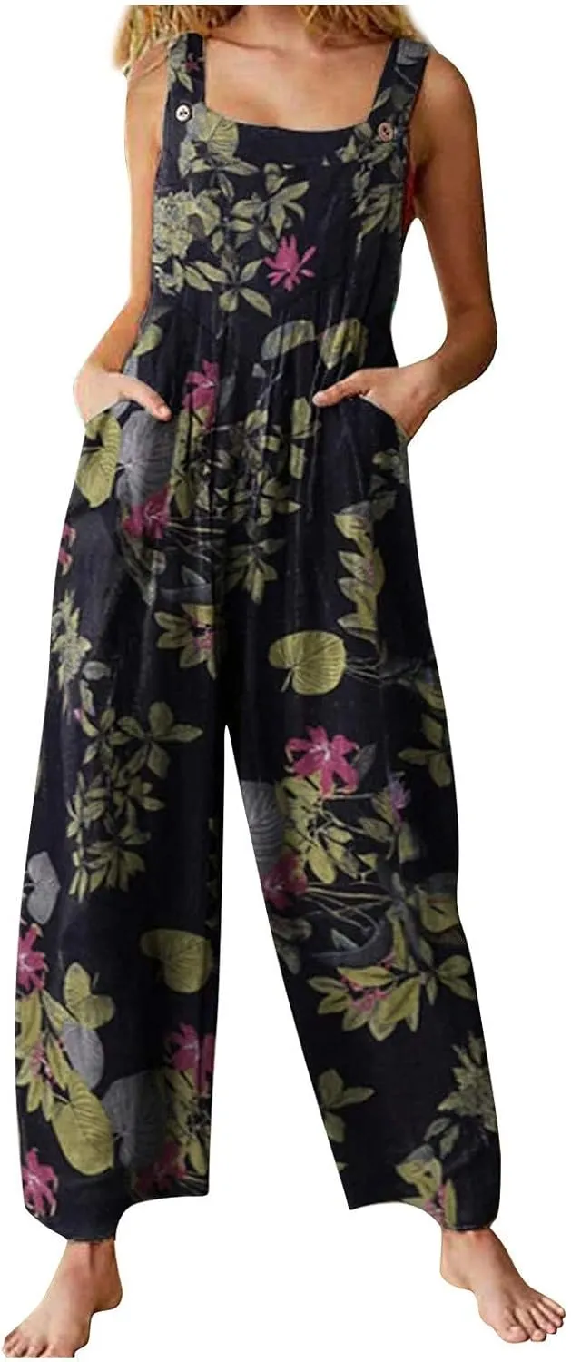 Linen Overalls for Women Boho Print Loose Fit Wide Leg Jumpsuit Summer Plus Size Floral Pants Rompers with Pockets