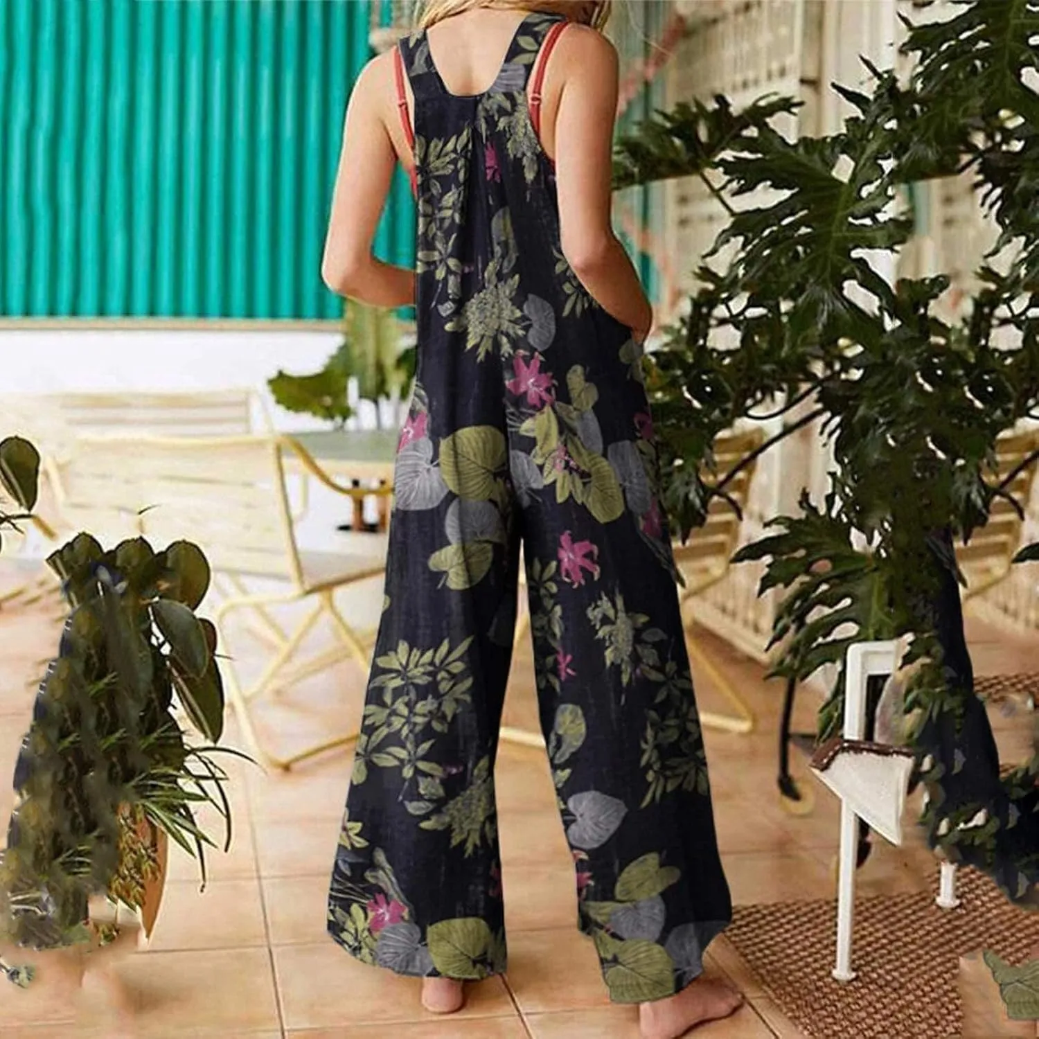 Linen Overalls for Women Boho Print Loose Fit Wide Leg Jumpsuit Summer Plus Size Floral Pants Rompers with Pockets