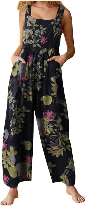 Linen Overalls for Women Boho Print Loose Fit Wide Leg Jumpsuit Summer Plus Size Floral Pants Rompers with Pockets