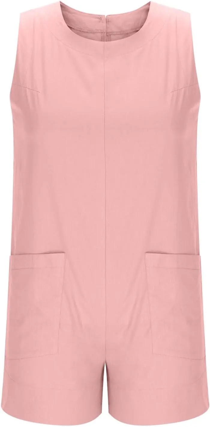 Linen Rompers For Women 2025 Summer Dressy Jumpsuits Casual Shorts Overalls Sexy Sleeveless Beach Romper With Pockets