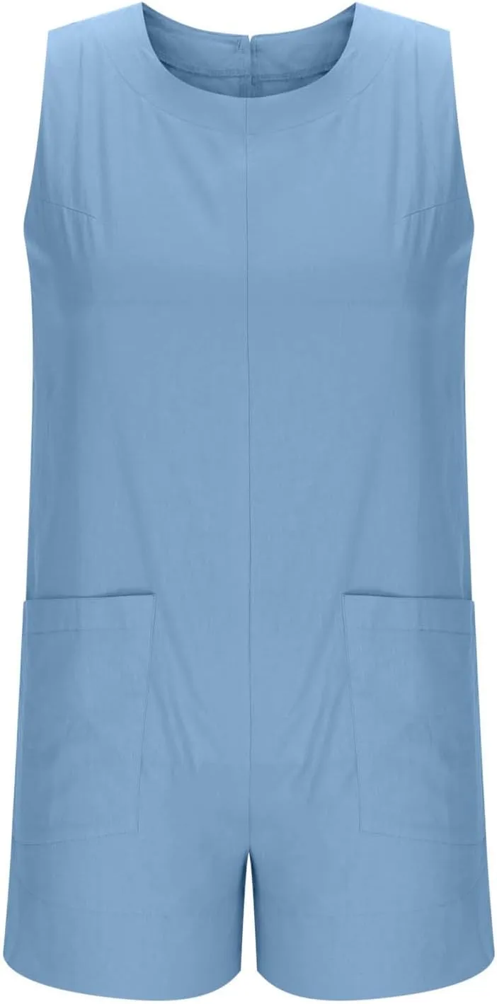Linen Rompers For Women 2025 Summer Dressy Jumpsuits Casual Shorts Overalls Sexy Sleeveless Beach Romper With Pockets