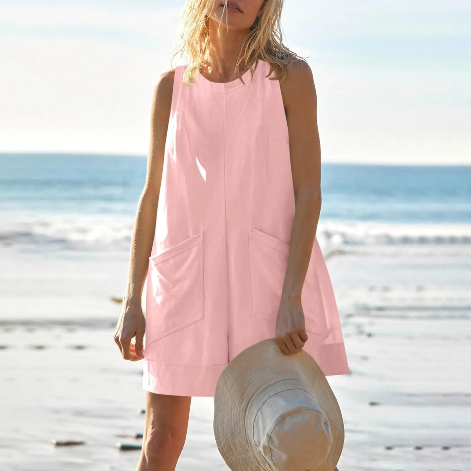 Linen Rompers For Women 2025 Summer Dressy Jumpsuits Casual Shorts Overalls Sexy Sleeveless Beach Romper With Pockets