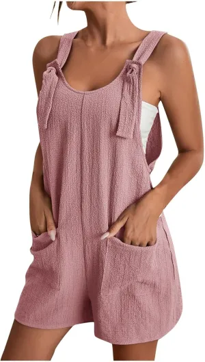 Linen Rompers for Women Overall Shorts with Pockets Shortalls Plus Size Adjustable Straps Short Jumpsuits Overalls