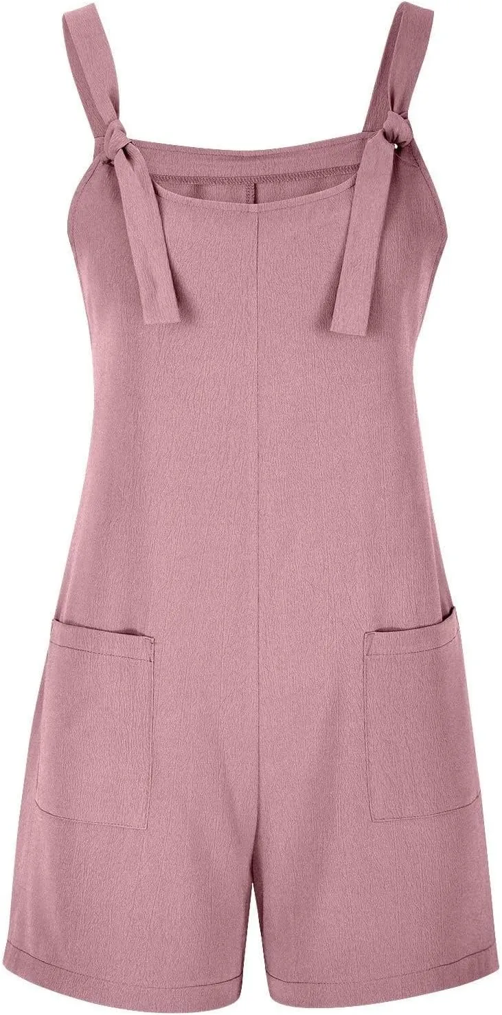 Linen Rompers for Women Overall Shorts with Pockets Shortalls Plus Size Adjustable Straps Short Jumpsuits Overalls