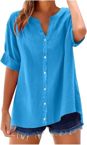 Linen Shirts for Women 2025 Summer Button Down Shirts Short Sleeve Collared V Neck Casual Blouses Work Office Tshirts