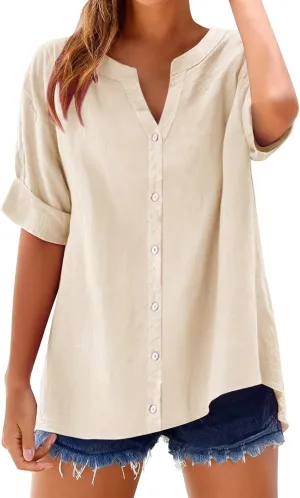Linen Shirts for Women 2025 Summer Simple Solid Print Button Down V Neck Short Sleeve Blouses Comfy Womens Cotton Tops
