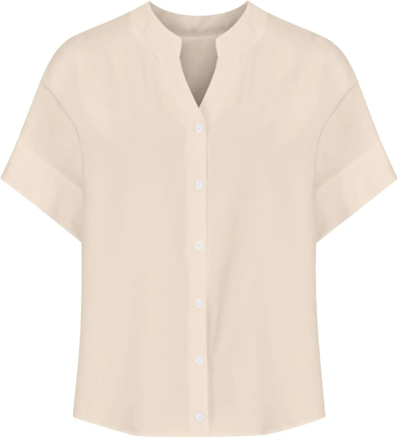 Linen Shirts for Women 2025 Summer Simple Solid Print Button Down V Neck Short Sleeve Blouses Comfy Womens Cotton Tops