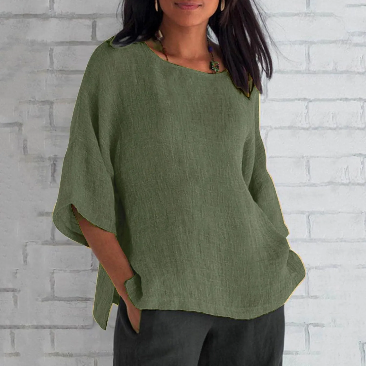 Linen Shirts for Women 3/4 Sleeve Crew Neck Casual Blouse 2024 Oversized Loose Shirt Plus Size Summer Vacation Tees