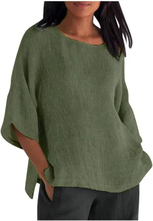 Linen Shirts for Women 3/4 Sleeve Crew Neck Casual Blouse 2024 Oversized Loose Shirt Plus Size Summer Vacation Tees