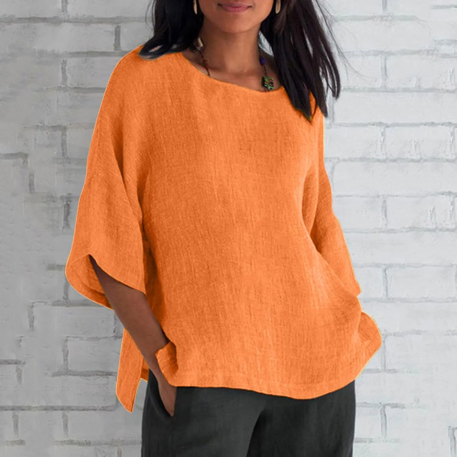 Linen Shirts for Women 3/4 Sleeve Loose Fit Summer Tops Plus Size Crew Neck Blouse Casual Cotton Linen T Shirts