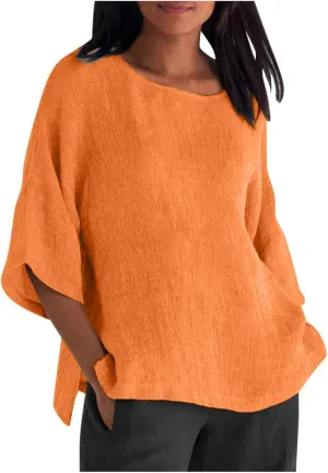 Linen Shirts for Women 3/4 Sleeve Loose Fit Summer Tops Plus Size Crew Neck Blouse Casual Cotton Linen T Shirts