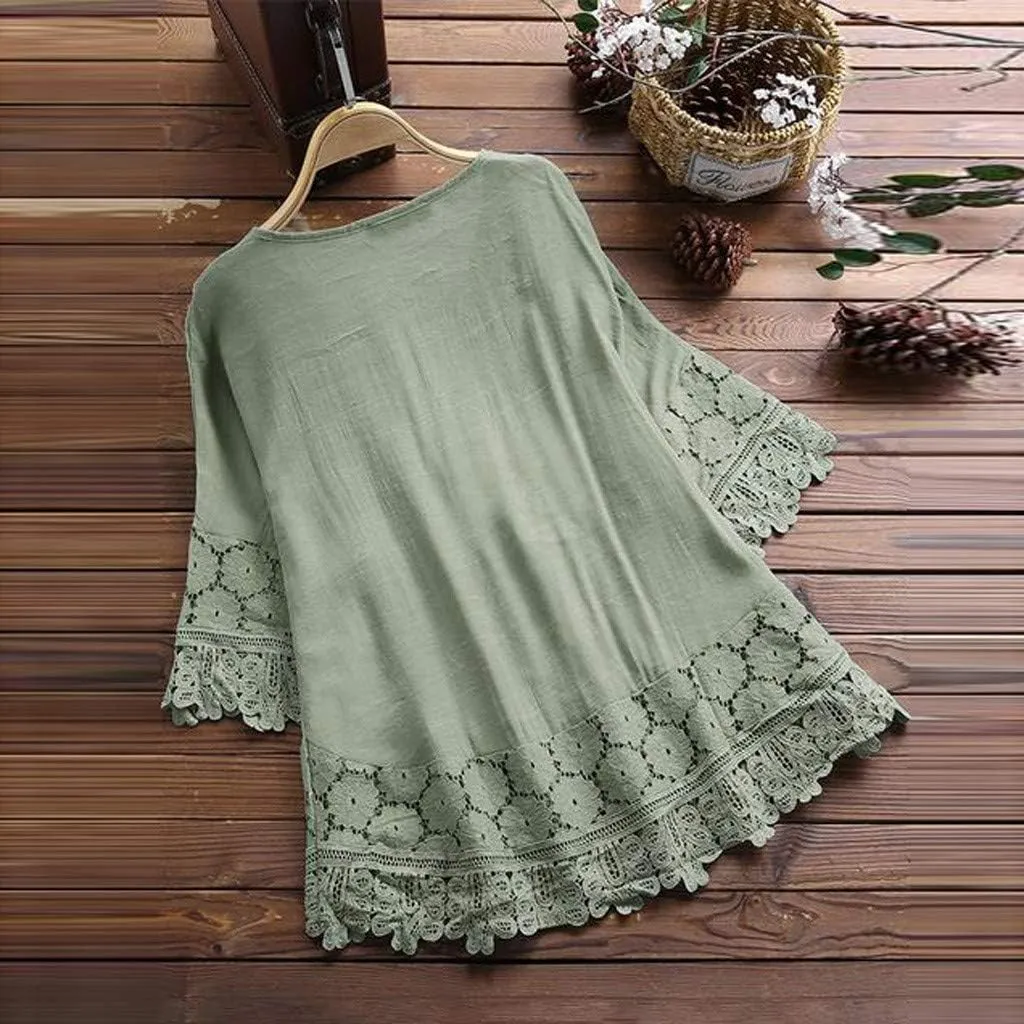 Linen Shirts for Women 3/4 Sleeve Tops Oversized Cotton Tee Shirts Embroidered Floral Lace V Neck T-Shirt Summer Trendy