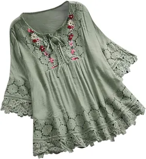 Linen Shirts for Women 3/4 Sleeve Tops Oversized Cotton Tee Shirts Embroidered Floral Lace V Neck T-Shirt Summer Trendy