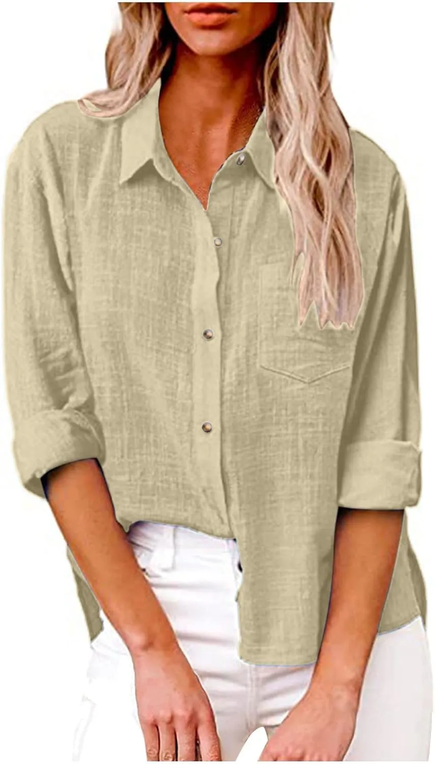 Linen Shirts for Women Button Down Tshirt Dressy Casual Gauze Blouses Comfy Lightweight Long Sleeve Shirts Fall Tops