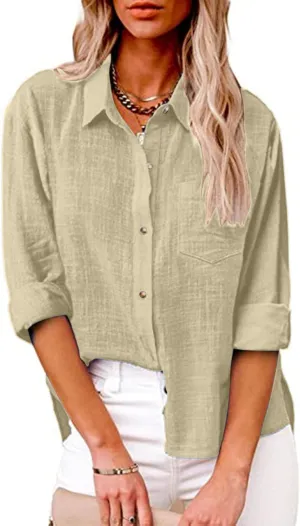 Linen Shirts for Women Button Down Tshirt Dressy Casual Gauze Blouses Comfy Lightweight Long Sleeve Shirts Fall Tops